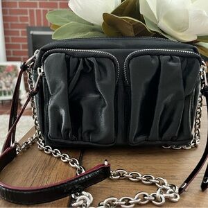 MZ Wallace Black Coated Fabric Penny with Chain Strap and Patent Trim